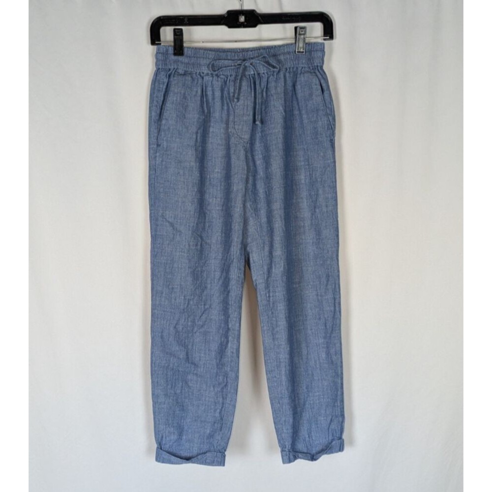 J. Crew Drawstring Pants 0 Blue Light Wash Chambray Cuffed Hems Breathable